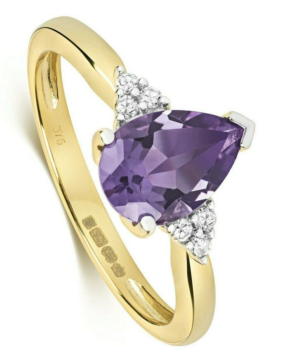 Real Amethyst and Diamond Pear Ring Solitaire Solid Yellow Gold Size J - Q