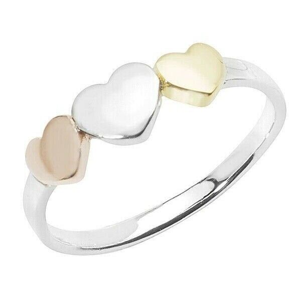 Three Tone Heart Ring Sterling Silver 925 hallmark Yellow & Rose Gold Size J - R