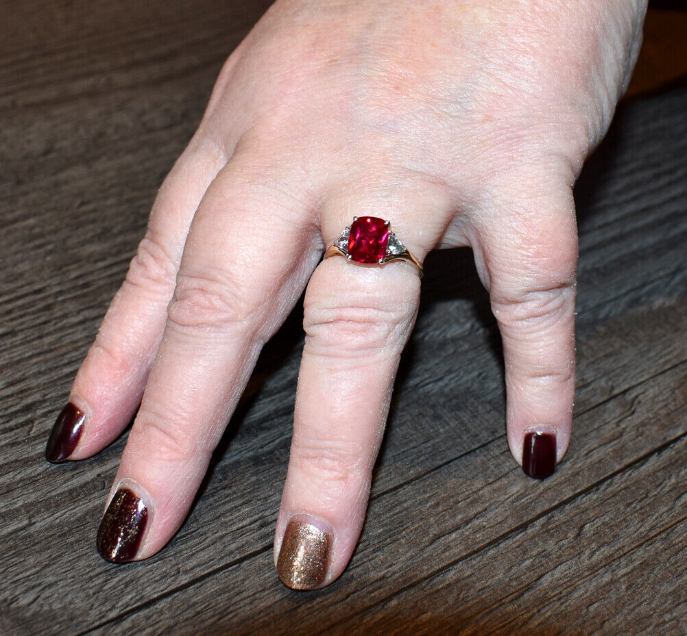 Yellow Gold Ruby Ring Solitaire Cushion White Sapphire Trillion Hallmarked