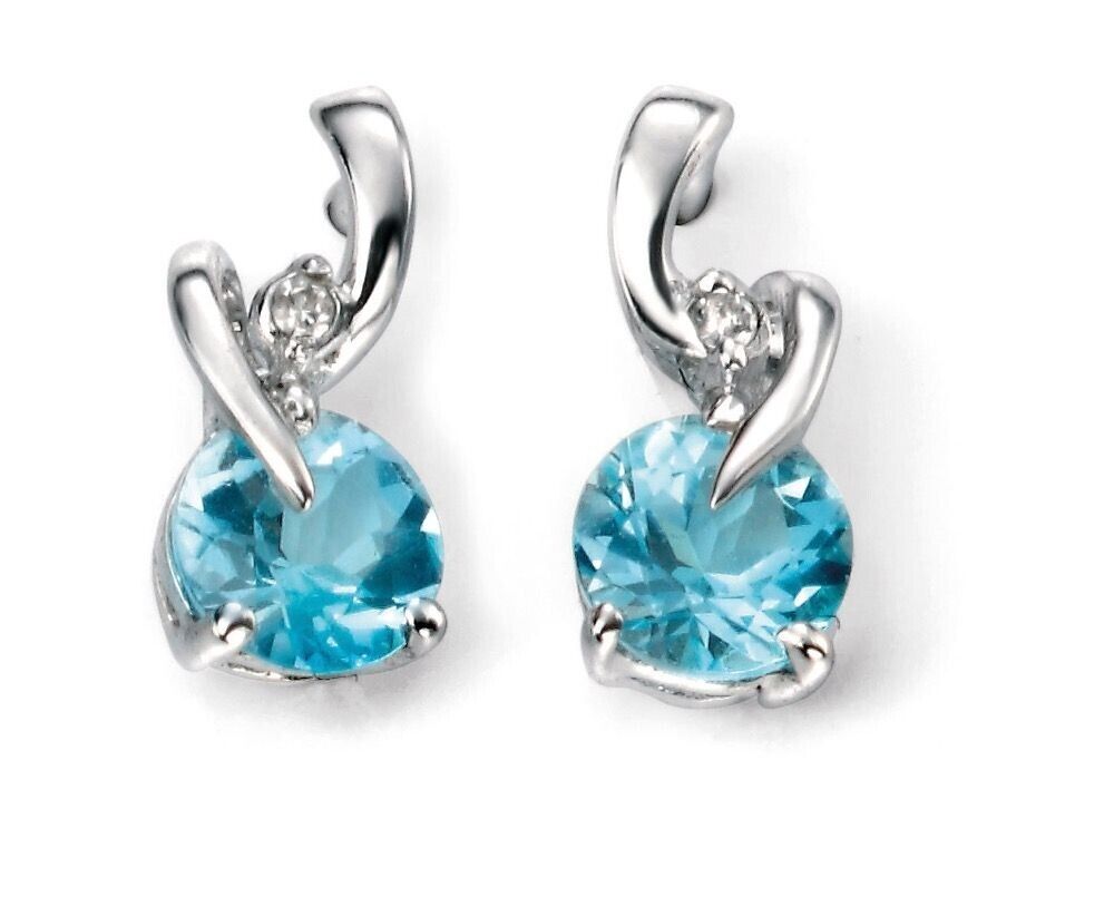 Blue Topaz and Diamond Pendant Earrings Set Solid White Gold 16, 18, or 20"Chain