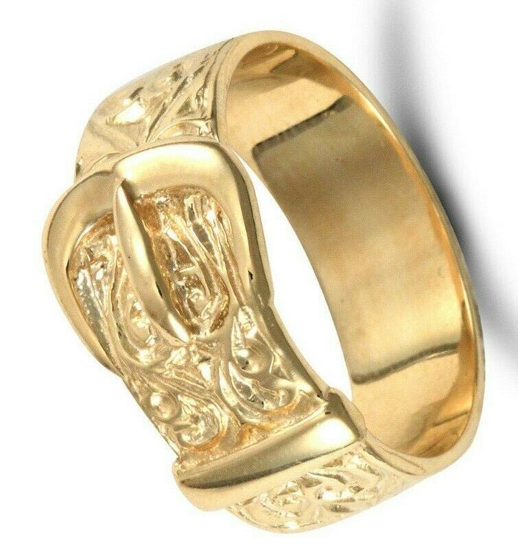 9ct Yellow Gold Gents Buckle Ring Hand Carved 10mm Band Fully Hallmarked
