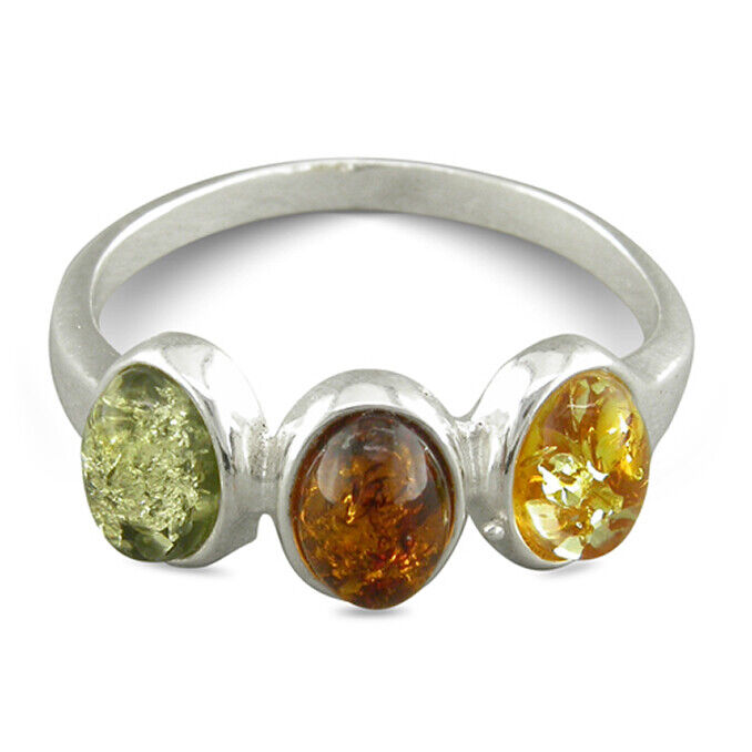Triple Mixed Amber Ring Three Stone Trilogy Solid Sterling Silver 925