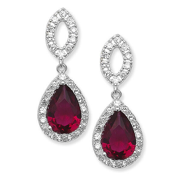 Garnet Pear Drop Earrings Sterling Silver Rhodium British Made 925 Hallmark