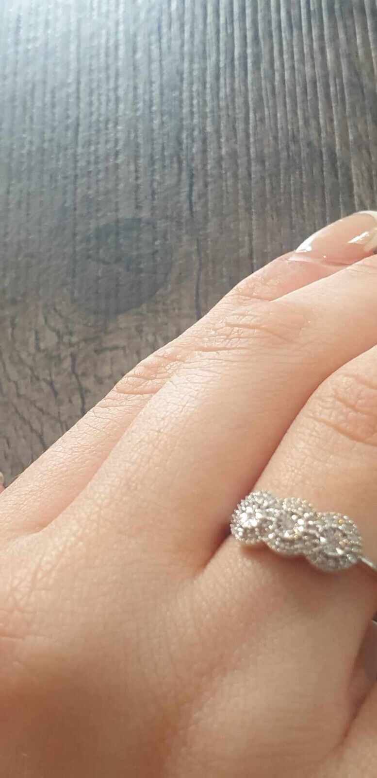 Real Diamond Ring Three Stone Cluster Engagement Solid White Gold