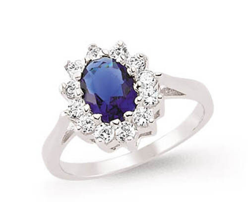 Sapphire Oval Cluster Ring Solid Sterling Silver Platinum Finish 925 Hallmark