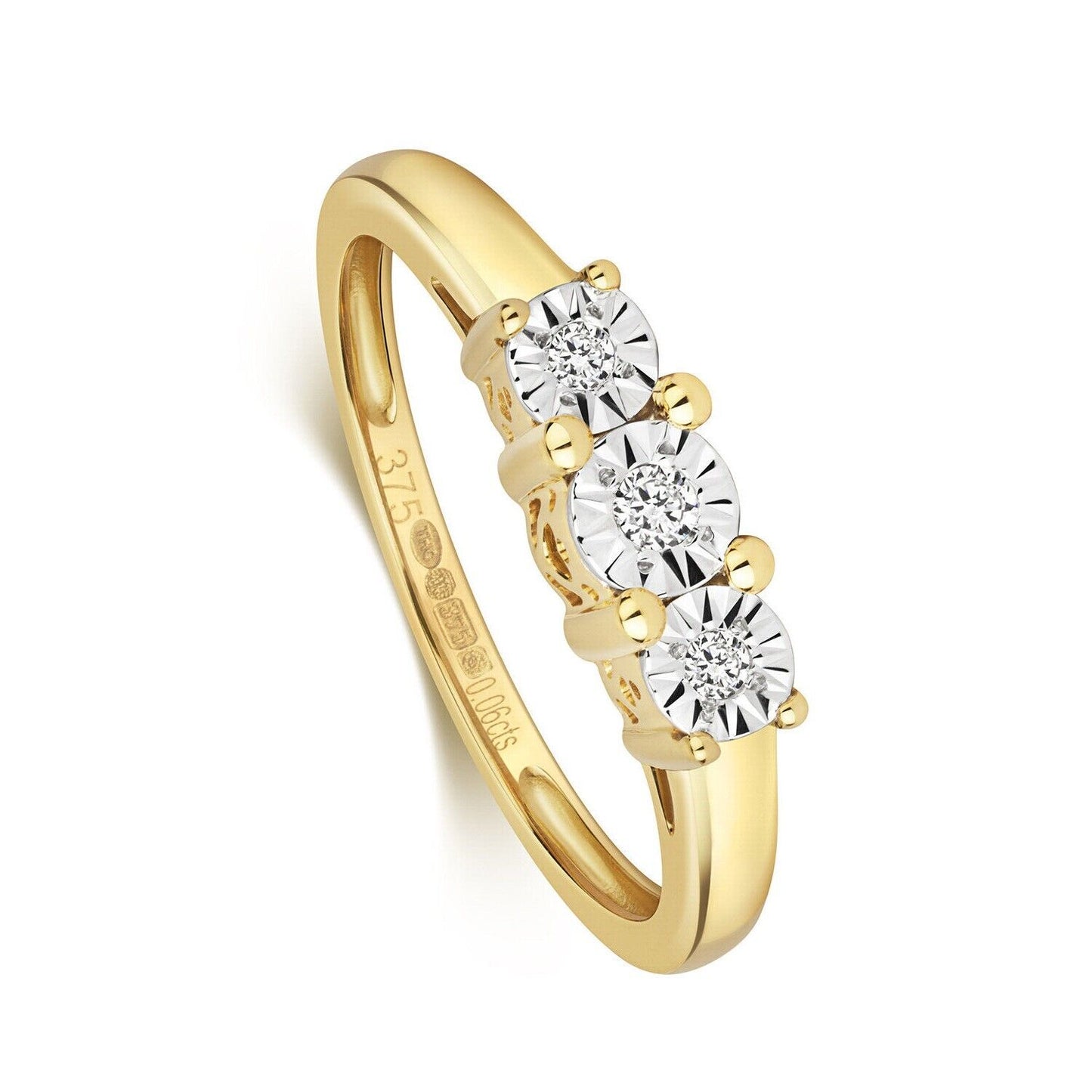 Real Diamond Three Stone Ring Solid Yellow Gold Trilogy Engagement