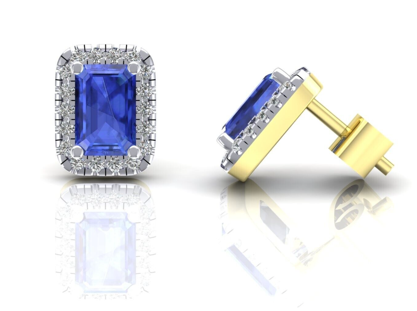 9ct Yellow Gold Sapphire Cluster Stud Earrings Emerald Cut Studs Hallmarked