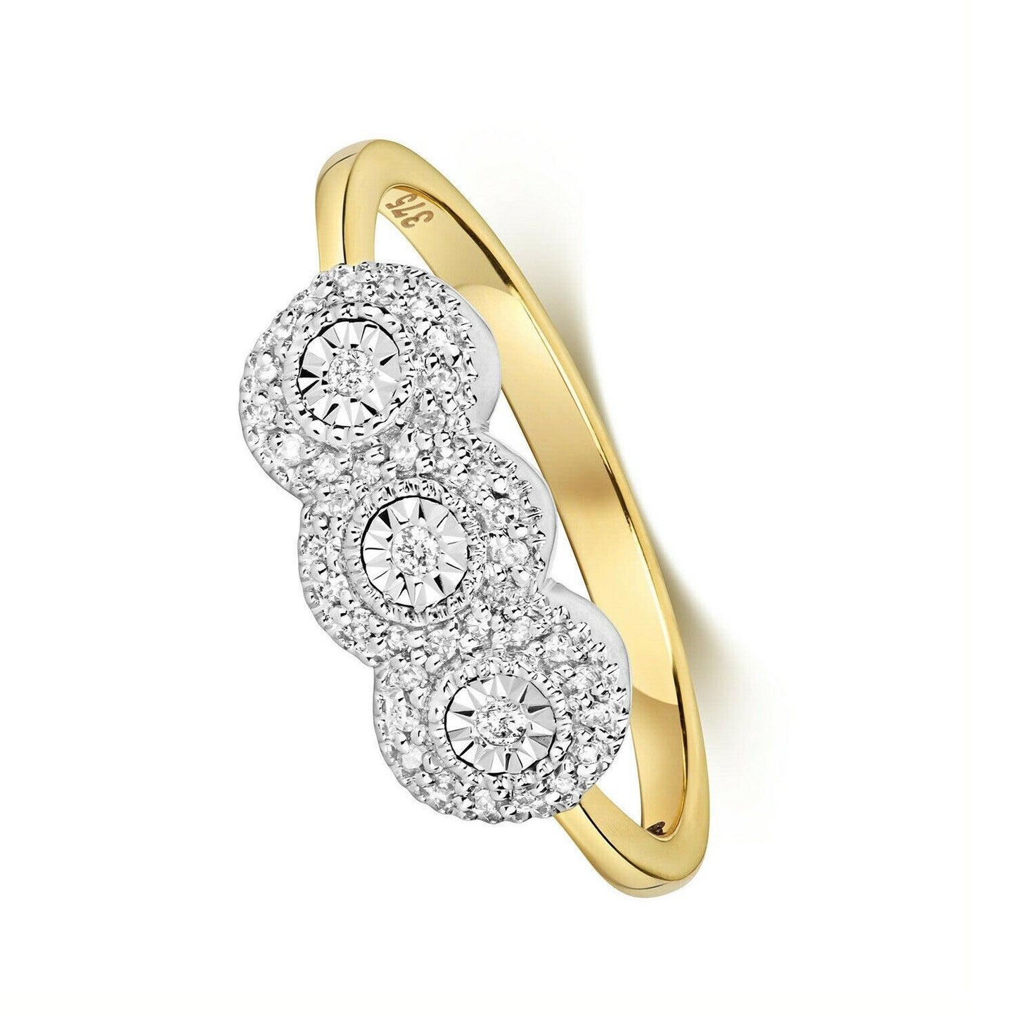 Real Diamond Ring Solid Yellow Gold Three Stone Trilogy Cluster Engagement