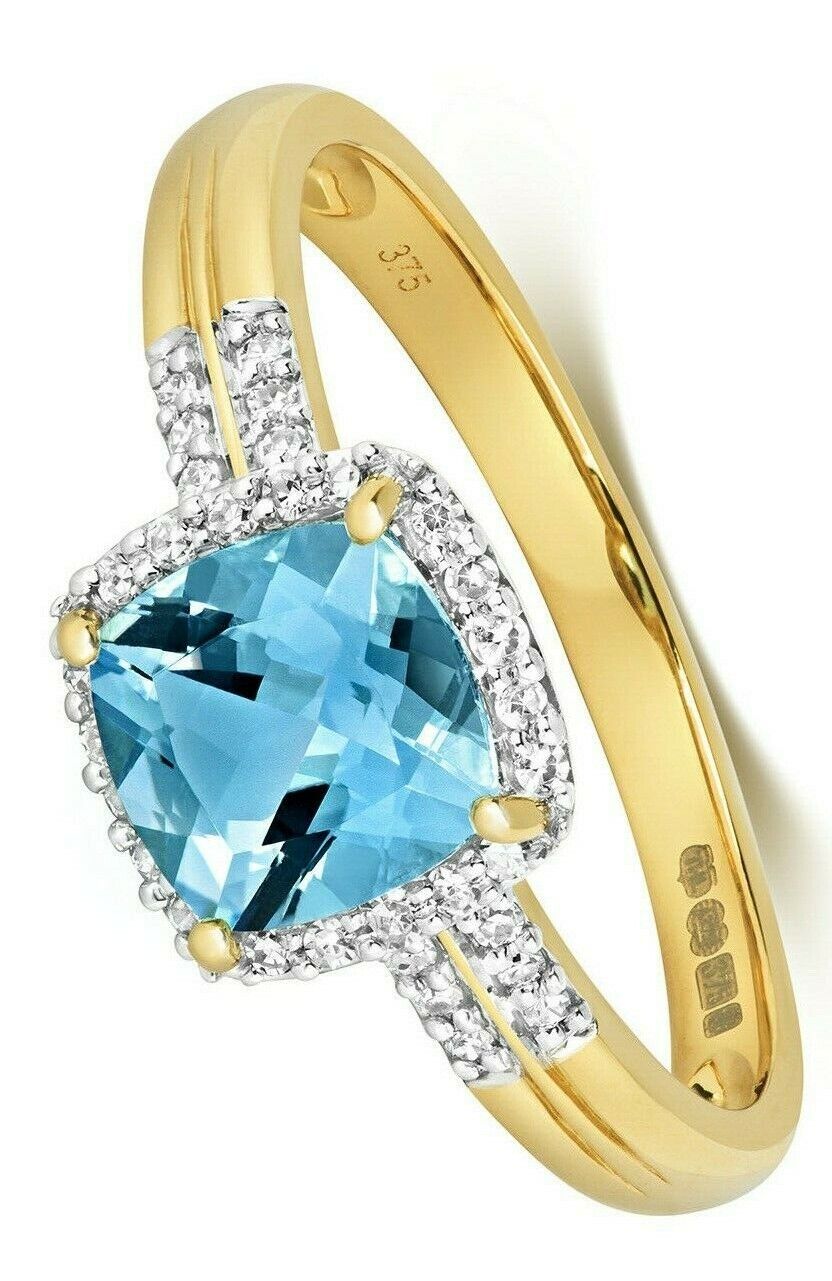 Real Swiss Blue Topaz and Diamond Ring Solid Yellow Gold Cushion Size J - Q