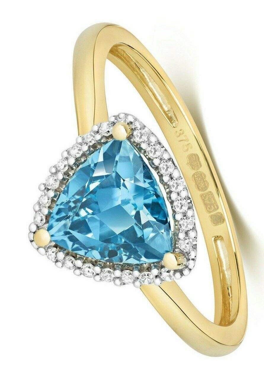 Real Blue Topaz and Diamond Ring Solid Yellow Gold Trillion Solitaire Size J-Q