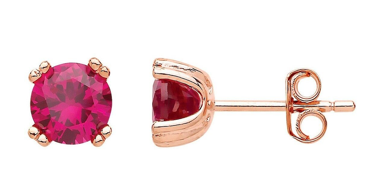 Ruby Solitaire Stud Earrings Solid Sterling Silver Rose Gold Plate 925 Hallmark