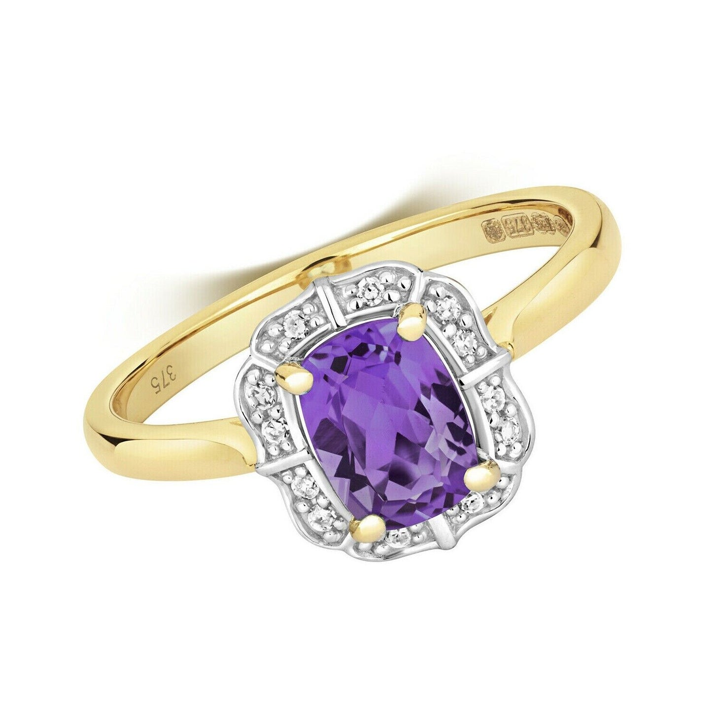 9ct Yellow Gold Amethyst and Diamond Ring Cushion Engagement Size JKLMNOPQ