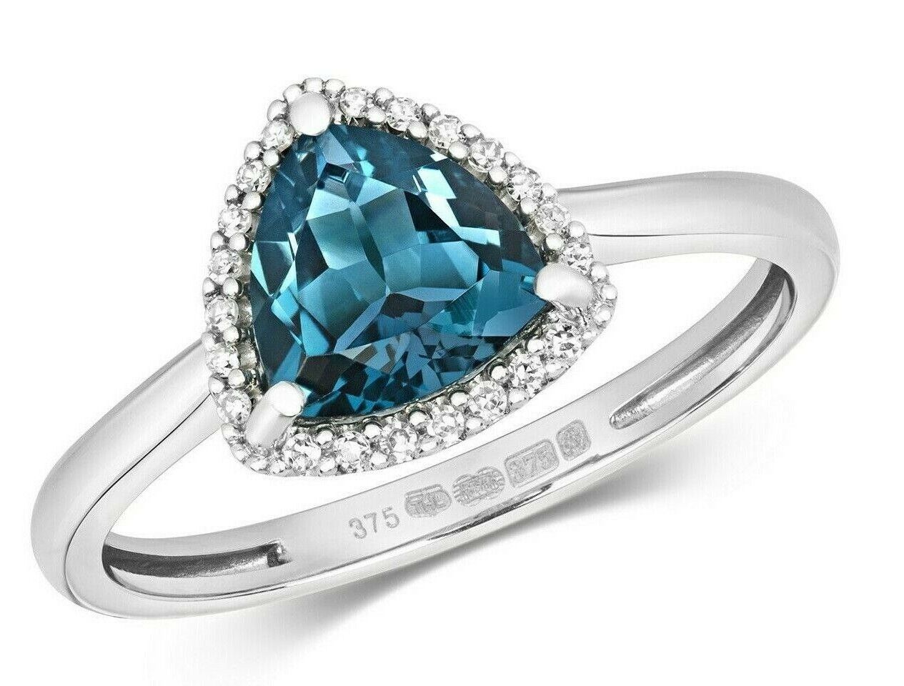 Real London Blue Topaz and Diamond Ring Solid White Gold Trillion Triangle