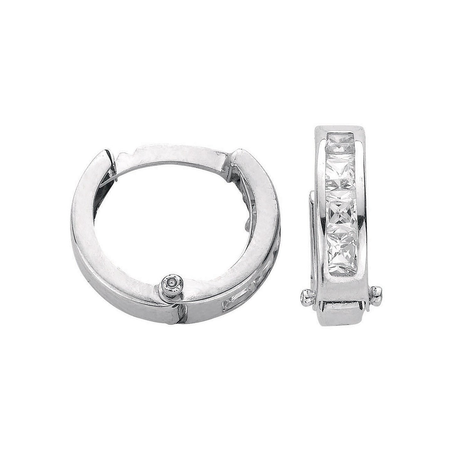 White Gold Huggie Hoop Earrings Princess Cut Zircon 12mm Hinged Hoops Hallmarked