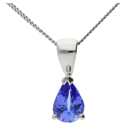 Tanzanite Pear Solitaire Pendant White Gold Hallmarked 18" Chain British Made