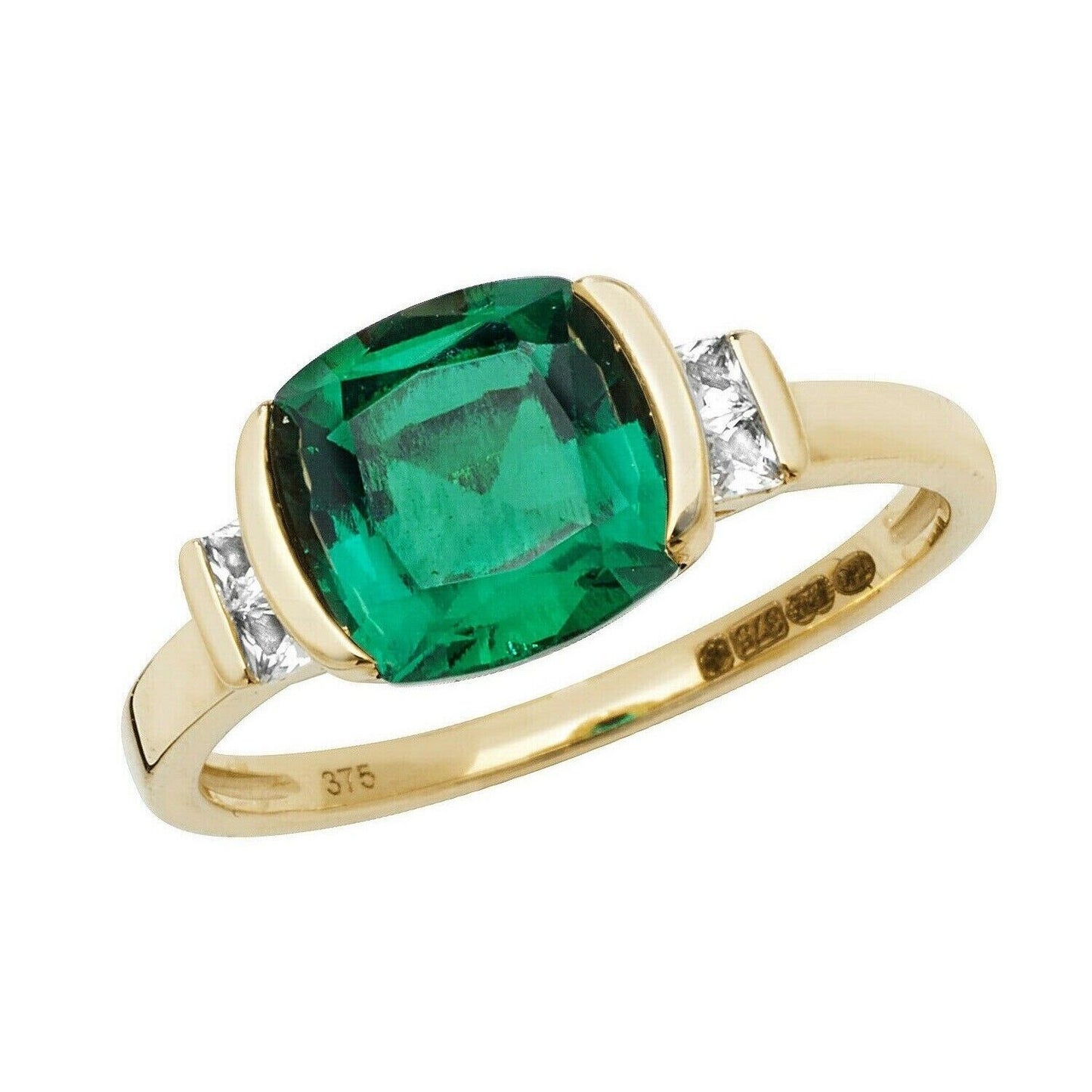 Yellow Gold Emerald Ring Cushion Solitaire White Sapphire Engagement Hallmarked