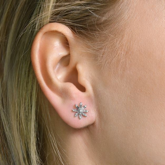 9ct White Gold Snowflake 0.35ct Diamond Studs Earrings Hallmarked - 10mm