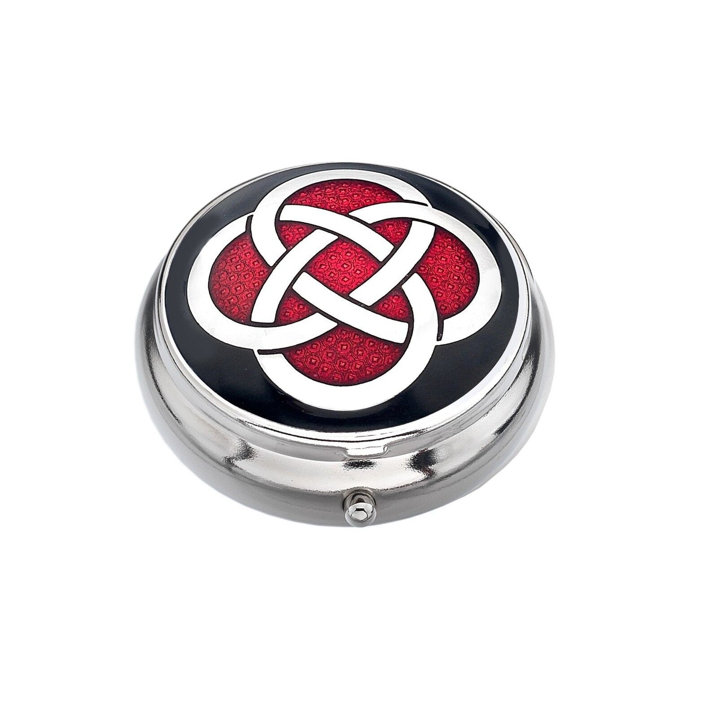Pillbox Silver Plated Celtic Double Knot Design Red & Black Brand New and Boxed