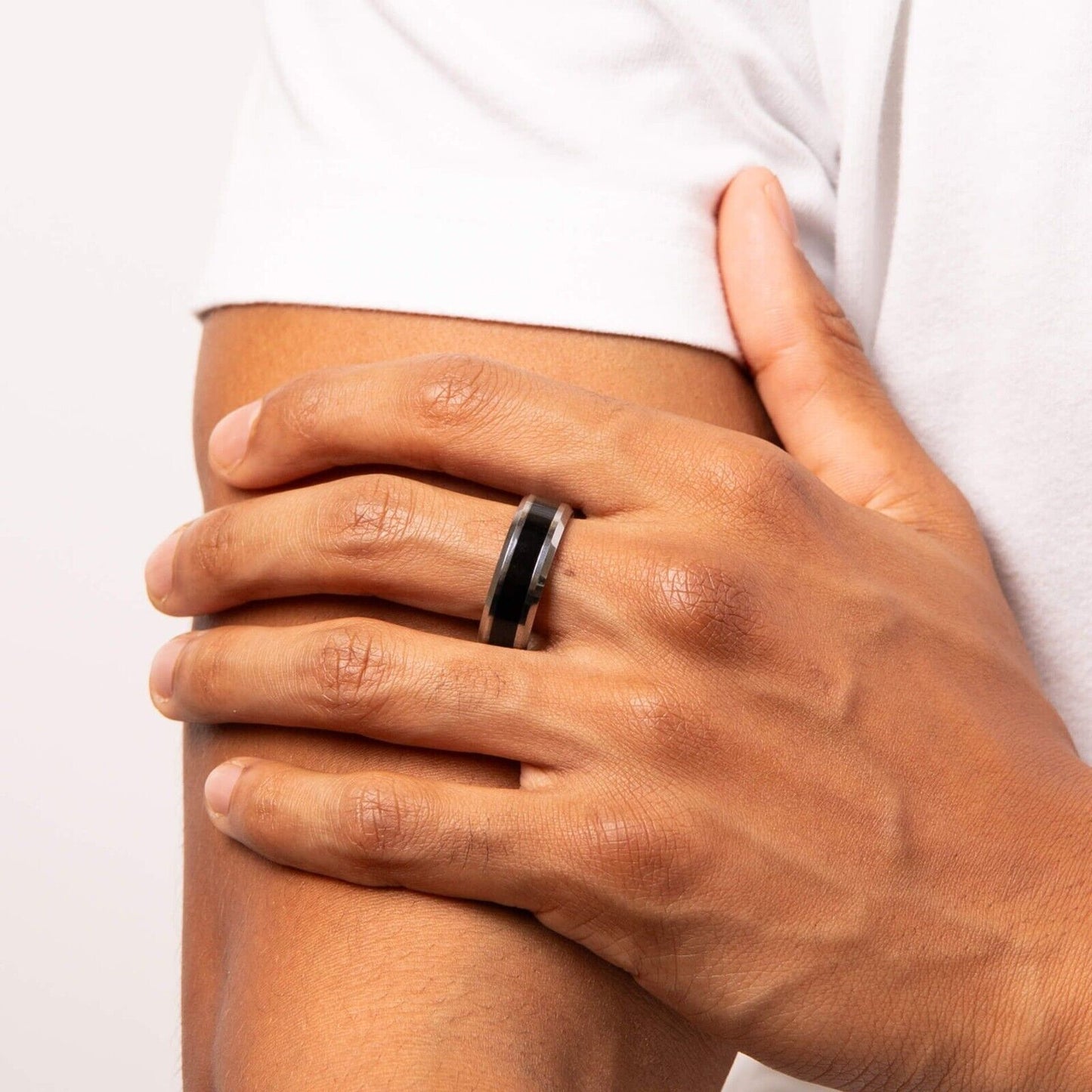 Fred Bennett Tungsten Ring with Black Enamel Stripe 8mm Wide Band R3860
