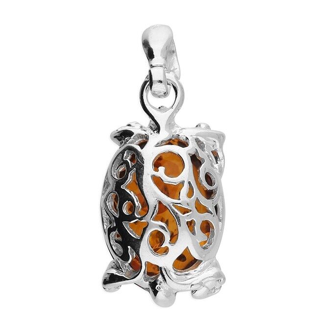 Cognac Amber Tortoise Pendant and Chain Solid Sterling Silver 925