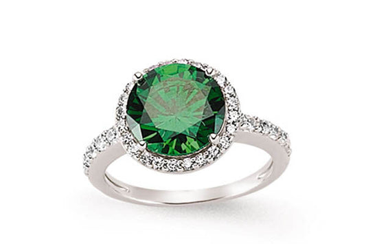 Emerald Round Cluster Ring Solid Sterling Silver 925 Hallmark Platinum Finish