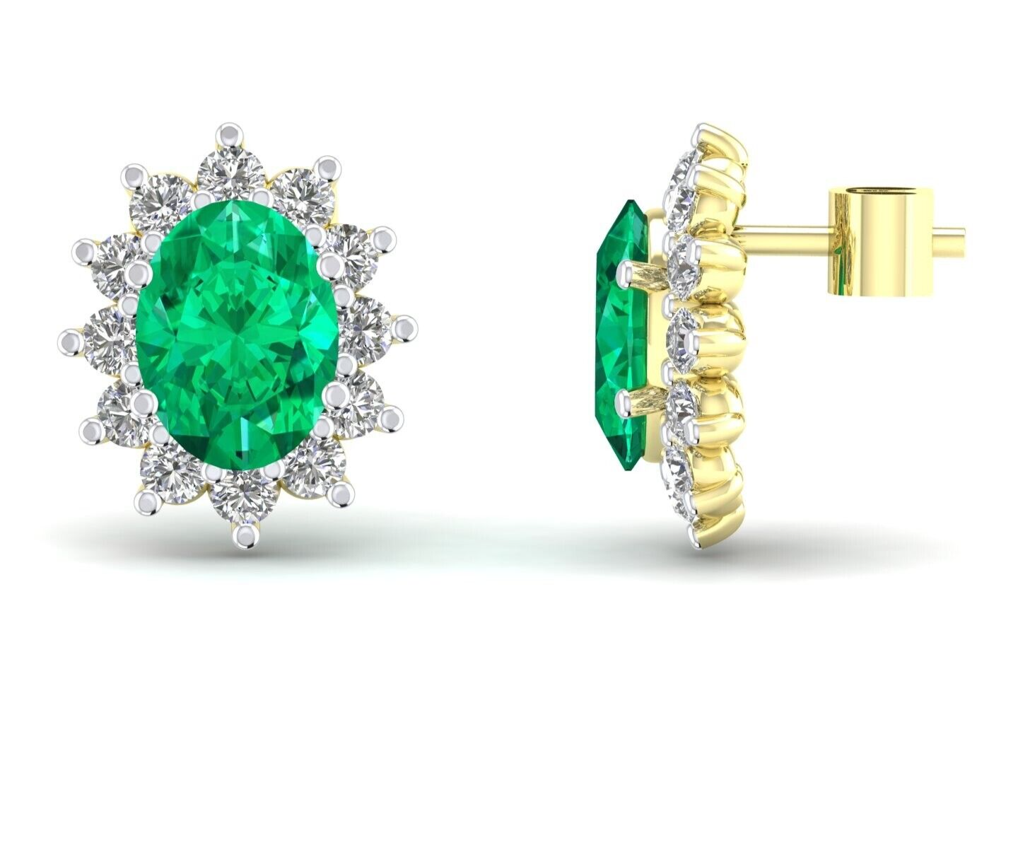 Emerald Oval Cluster Stud Earrings Solid 9ct Yellow Gold Claw Set Hallmarked