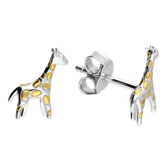Giraffe Stud Earrings Solid .925 Sterling Silver With Gold Detail Handmade