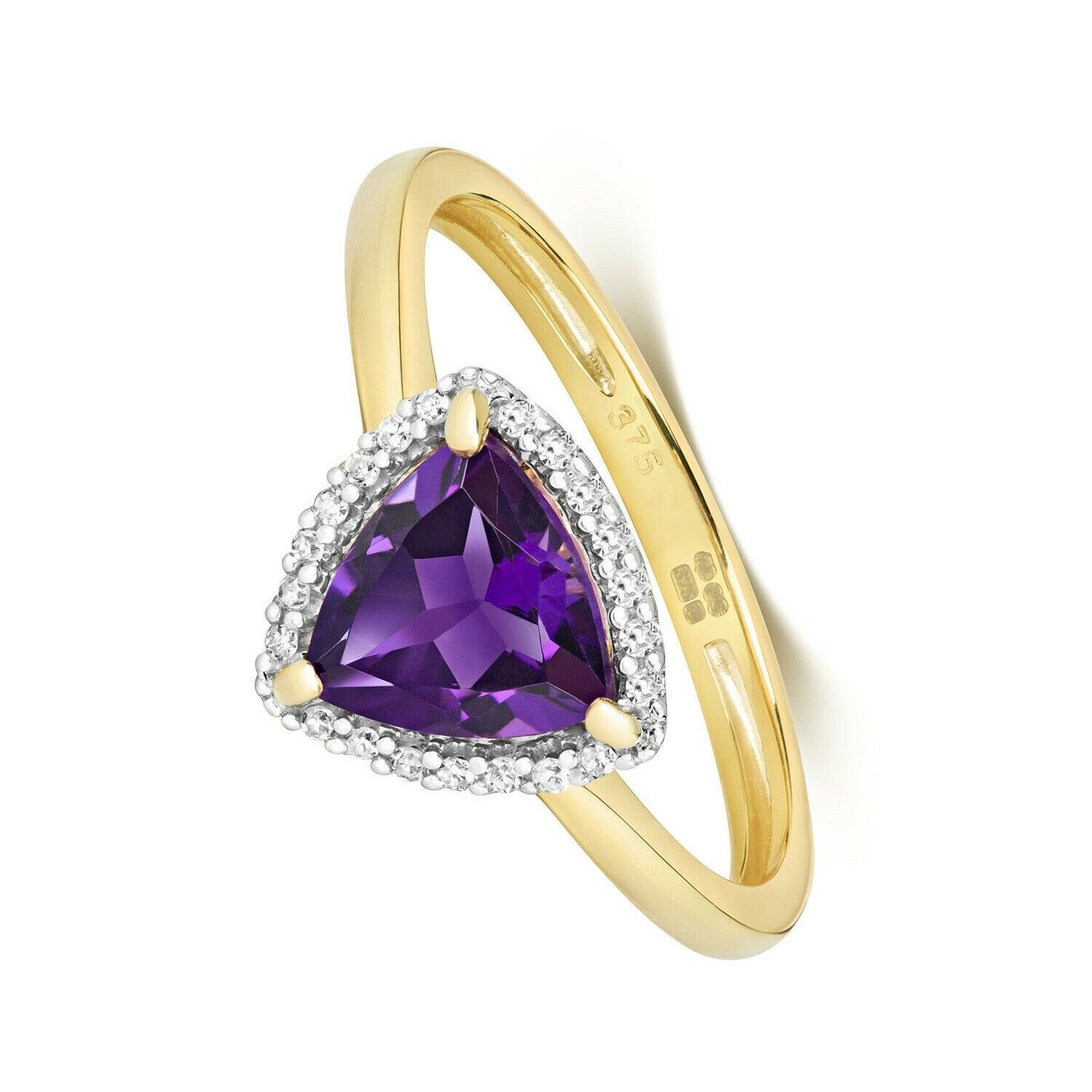 Real Amethyst and Diamond Ring Solid Yellow Gold Trillion Cluster Size J - Q