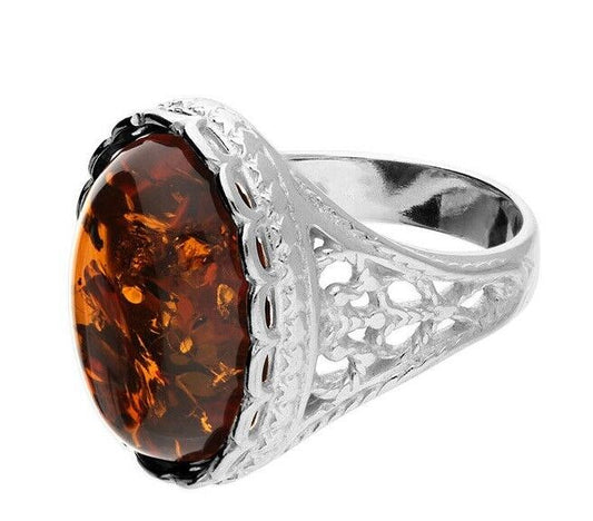 Cognac Amber Oval Ring Vintage Style Surround and Shoulders Sterling Silver 925