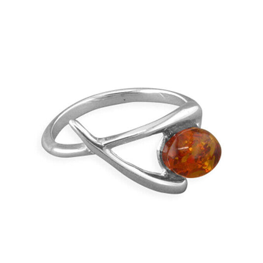 Cognac Amber Oval Ring In Wishbone Design Solid Sterling Silver 925