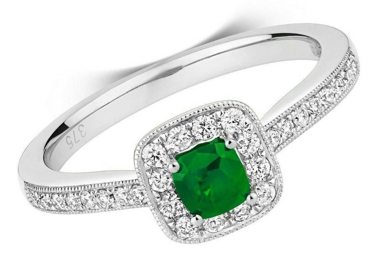 Real Emerald and Diamond Ring 9ct White Gold Cushion Cluster Engagement