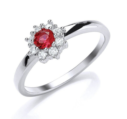 Pretty Ruby Cluster Ring Solid Sterling Silver Platinum Plated 925 Hallmark