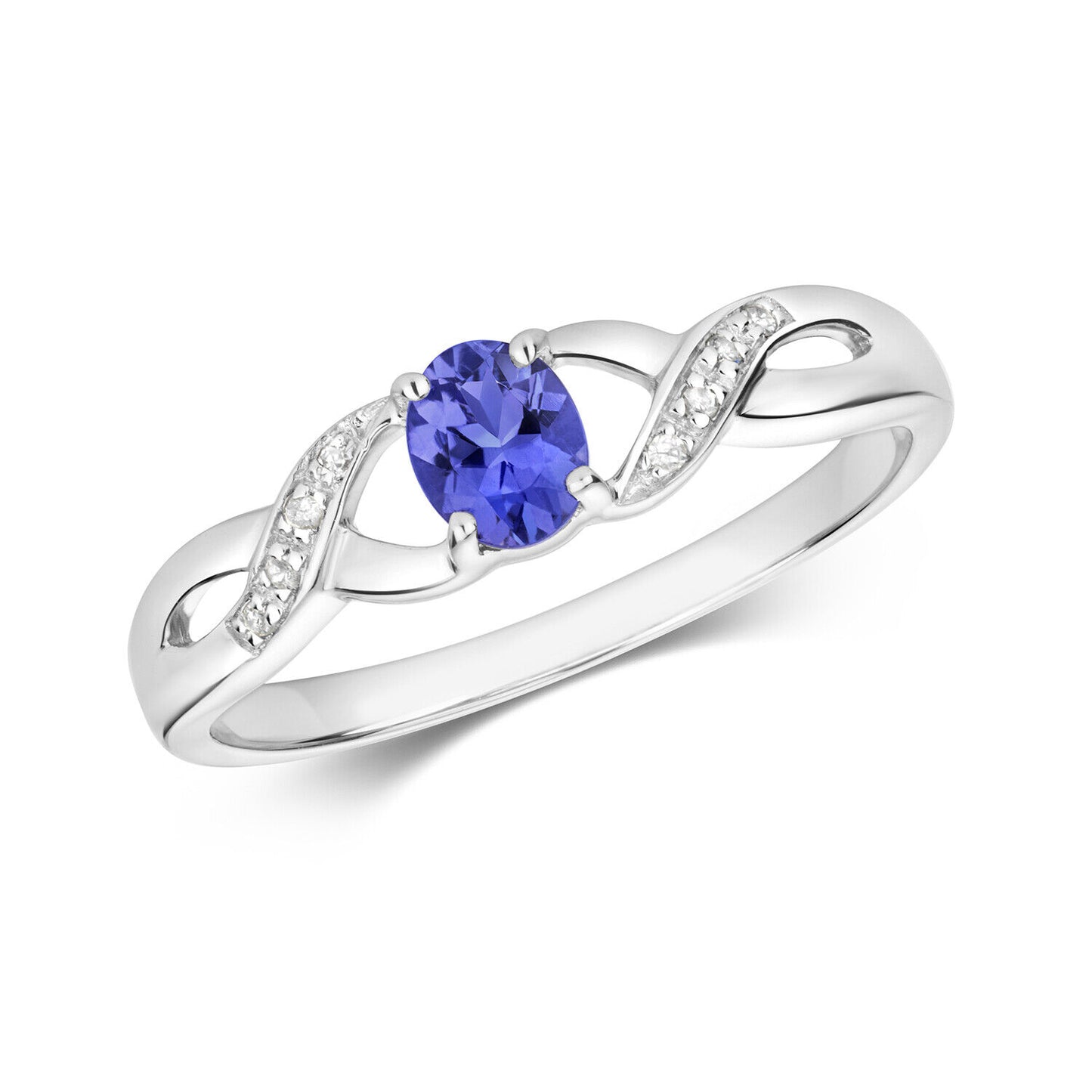 Real Tanzanite and Diamond Ring Solid White Gold Oval Twist Solitaire Size J - Q