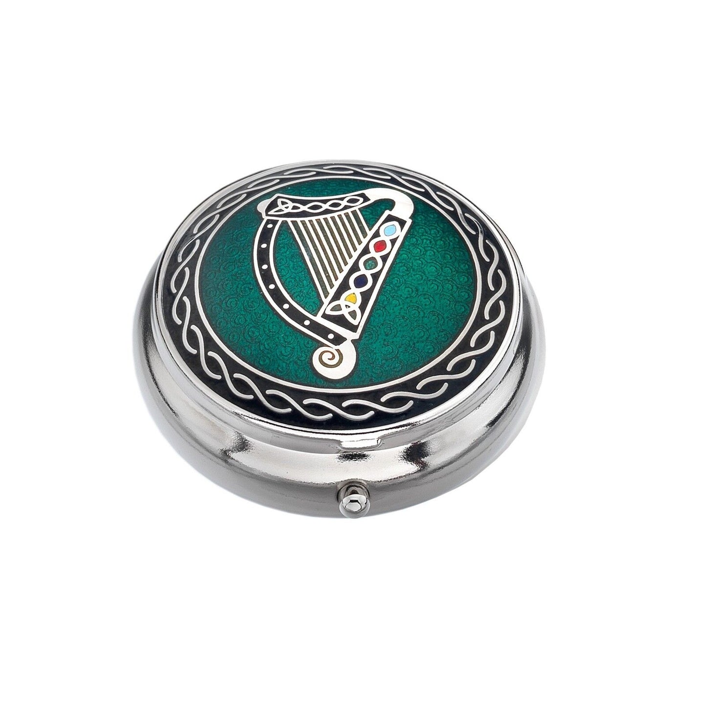 Pillbox Silver Plated Irish Harp Green Brand New and Boxed