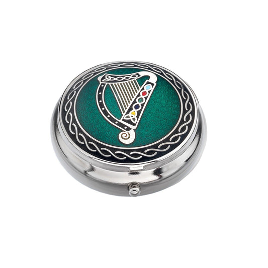 Pillbox Silver Plated Irish Harp Green Brand New and Boxed