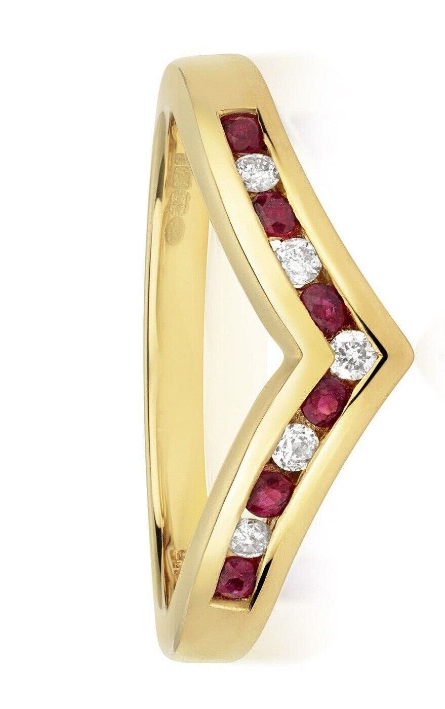 Real Ruby and Diamond Wishbone Ring Solid Yellow Gold Eternity Band Size J - Q
