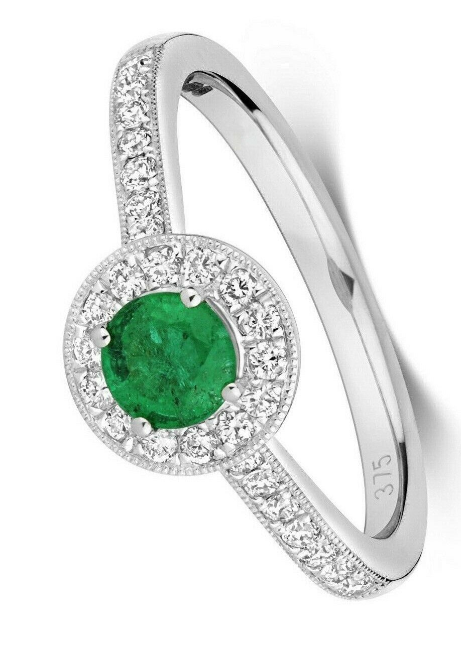 Real Emerald and Diamond Ring 9ct White Gold Round Cluster Halo Engagement