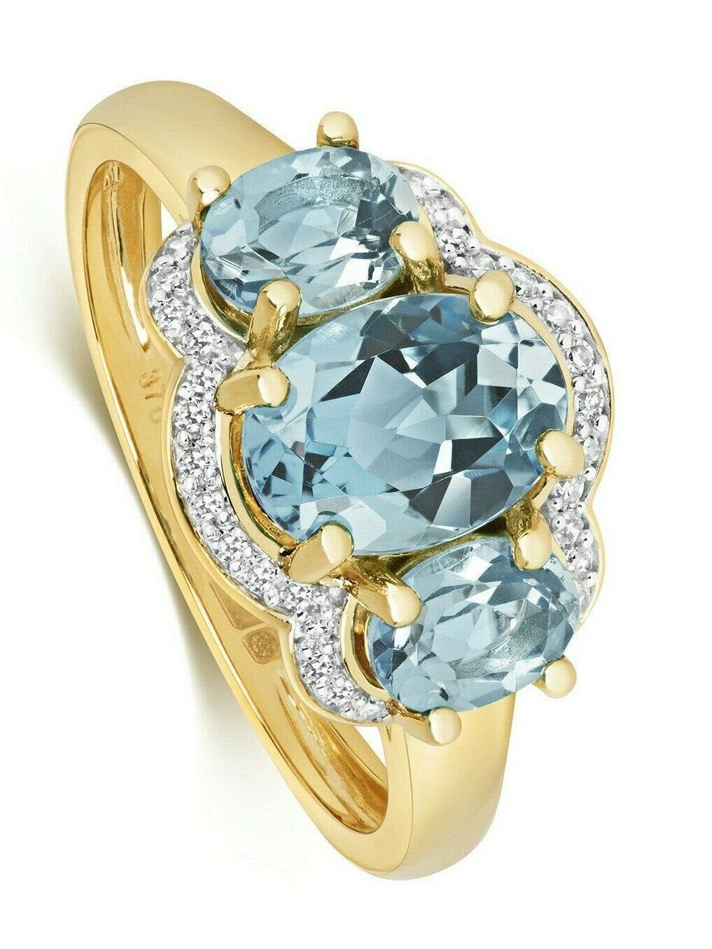 Real Blue Topaz and Diamond Ring Solid Yellow Gold Three Stone Size JKLMNOPQ