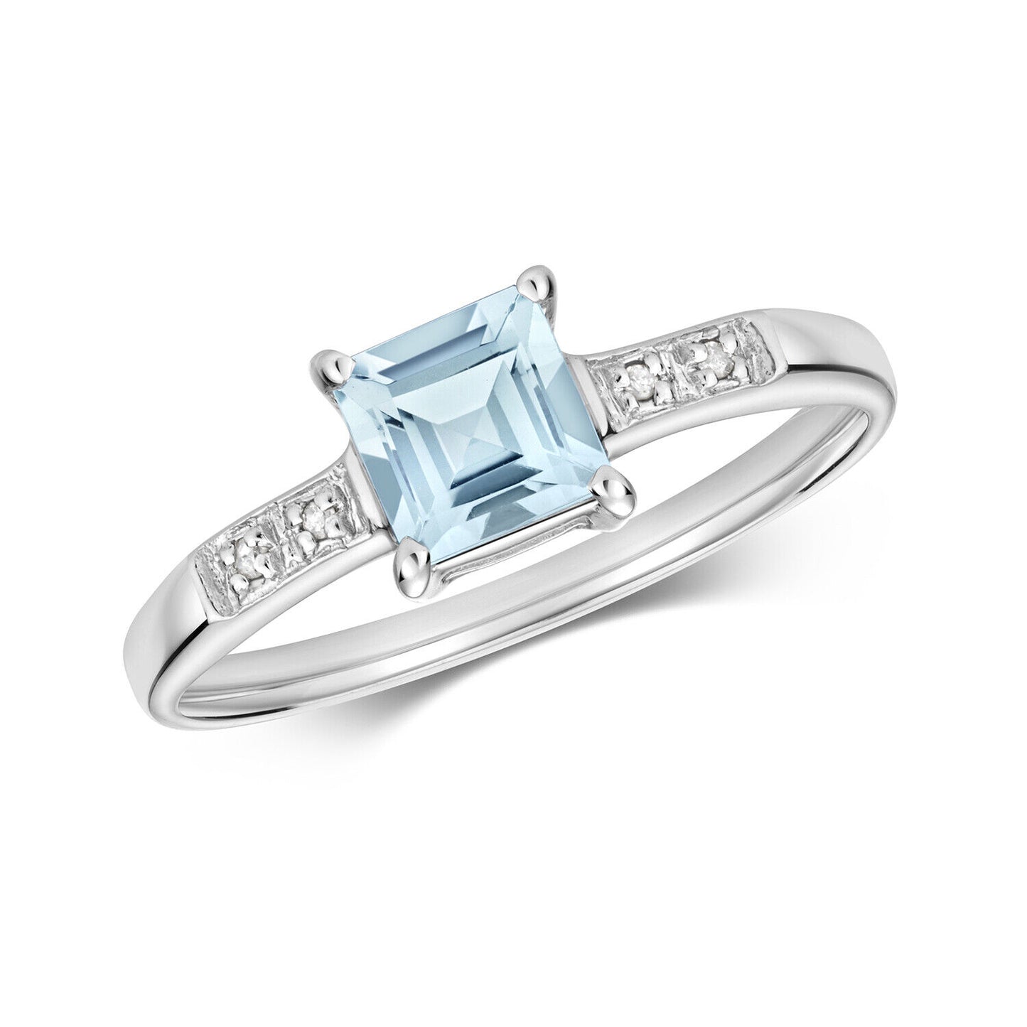 Aquamarine and Diamond Ring Solid 9ct White Gold Real Genuine Stones Size J - Q