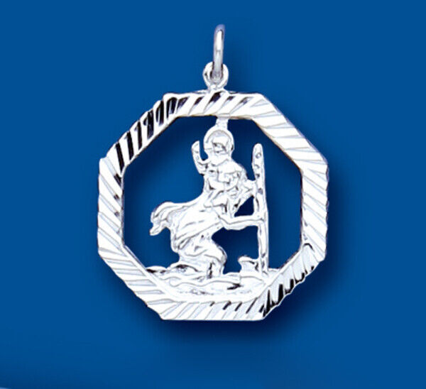 Octagonal St Christopher Pendant Sterling Silver Hallmark All Chain Lengths