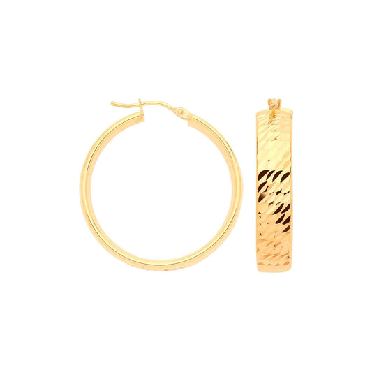 Yellow Gold Wide Hoop Earrings Diamond Cut 25mm Hoops Hallmarked