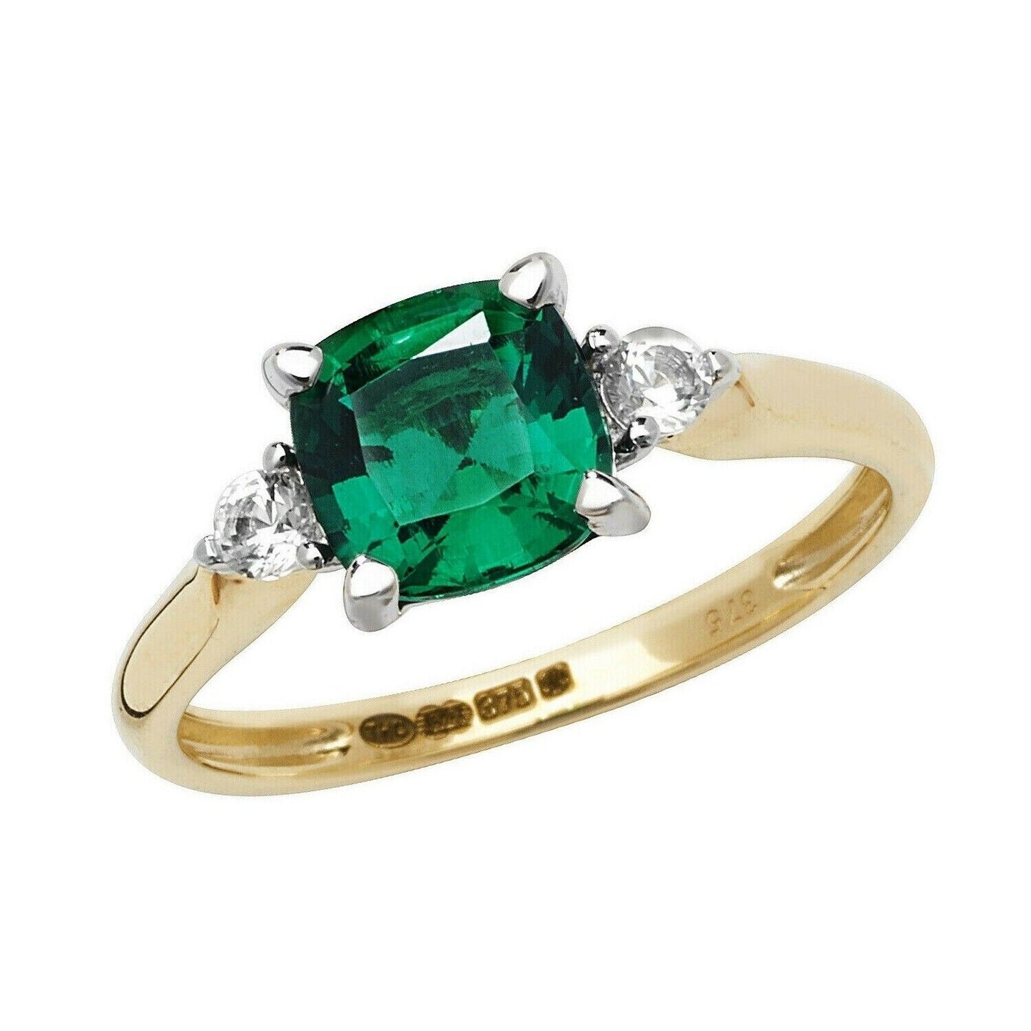 Yellow Gold Emerald Solitaire Ring Cushion White Sapphire Engagement Hallmarked