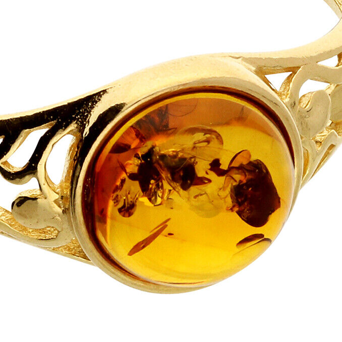 24k Yellow Gold Amber Ring Swirl Cut Out Shoulders on Solid Sterling Silver 925