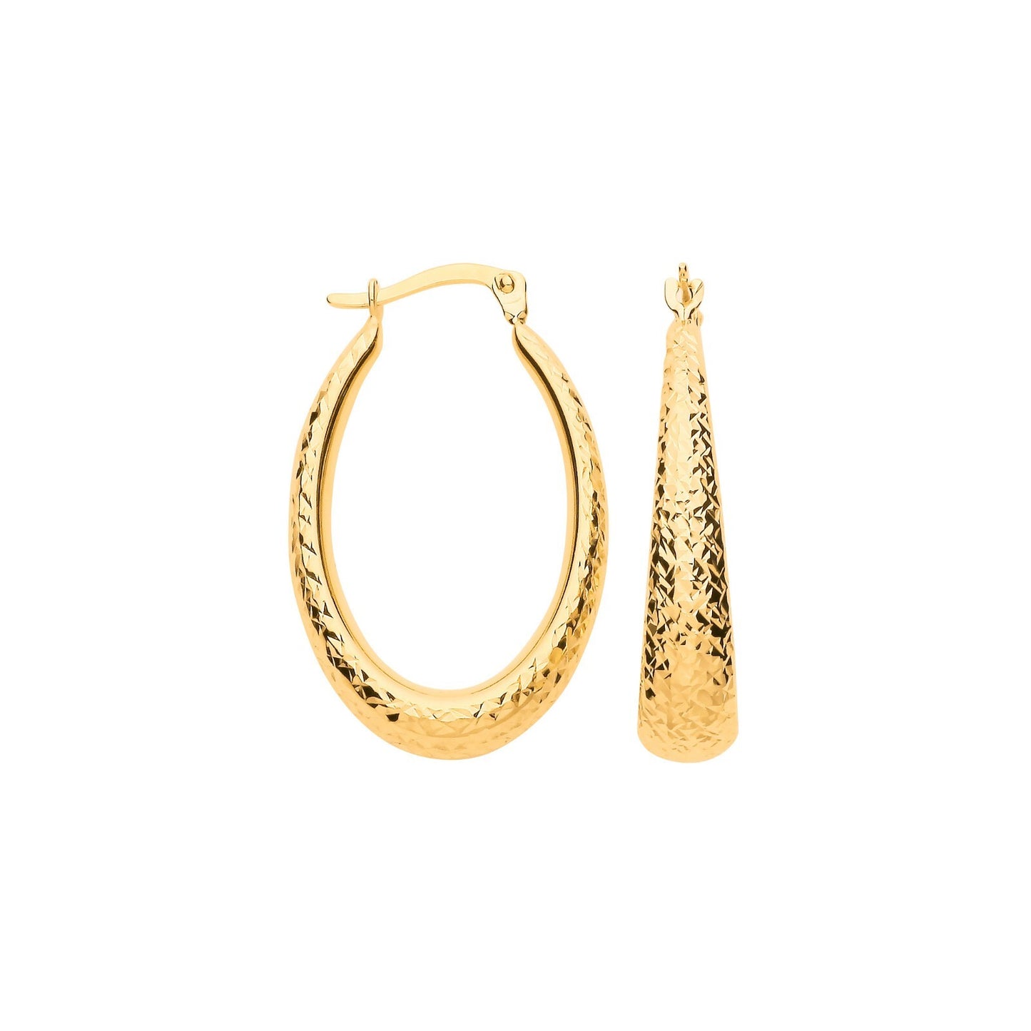 Diamond Cut Oval Hoop Earrings 9ct Yellow Gold Elongated Hoops Hallmarked 32mm