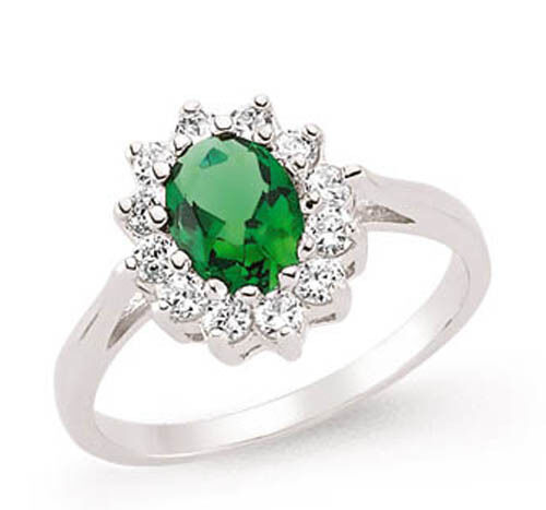 Emerald Oval Cluster Ring Solid Sterling Silver Platinum Finish 925 Hallmark