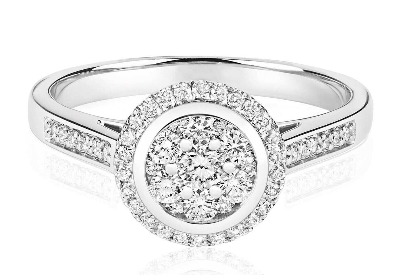 Real Diamond Ring 9ct White Gold Cluster Halo Engagement 0.50 Carat Weight