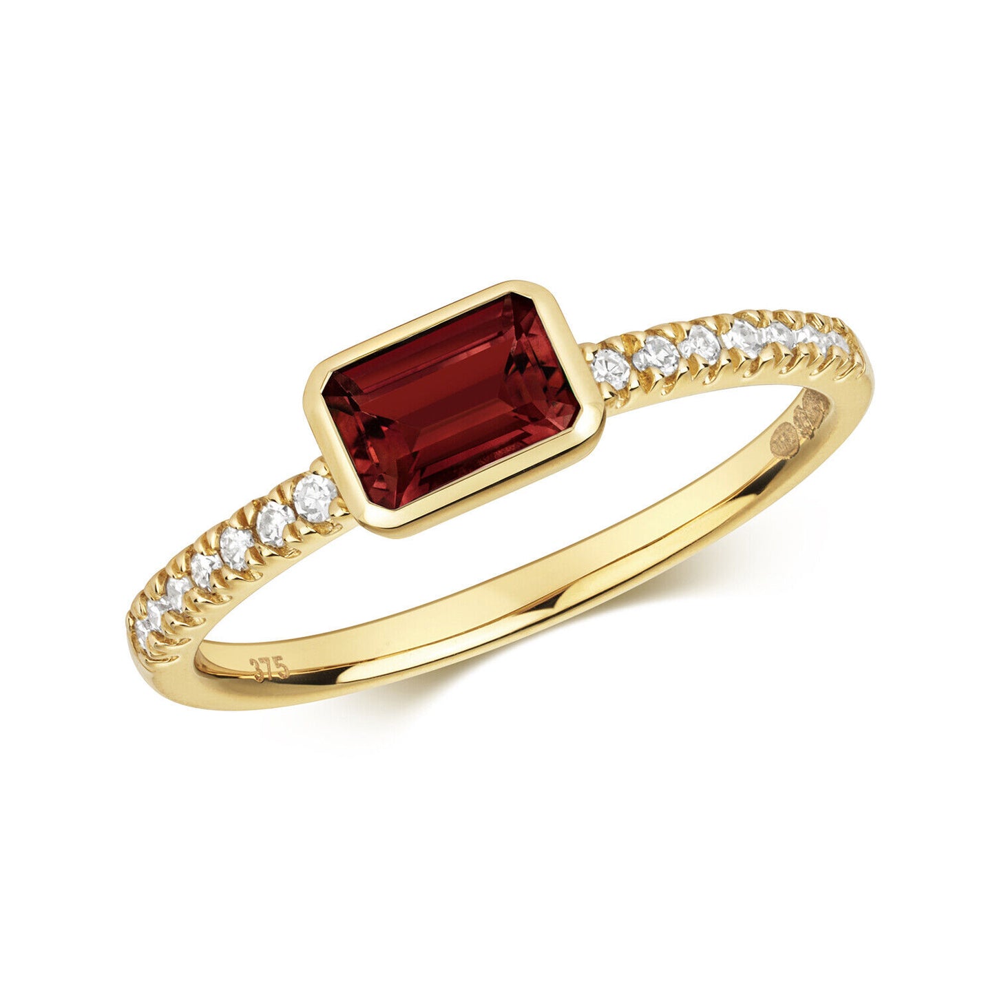 Real Garnet and Diamond Ring Solid Yellow Gold Emerald Cut Solitaire Size J - Q