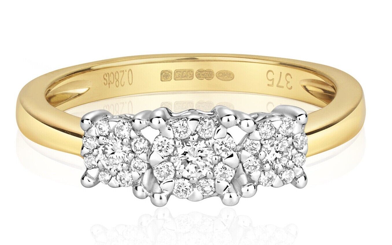 Real Diamond Ring Three Stone Cluster Trilogy 9ct Yellow Gold 0.29ctw Size J - Q
