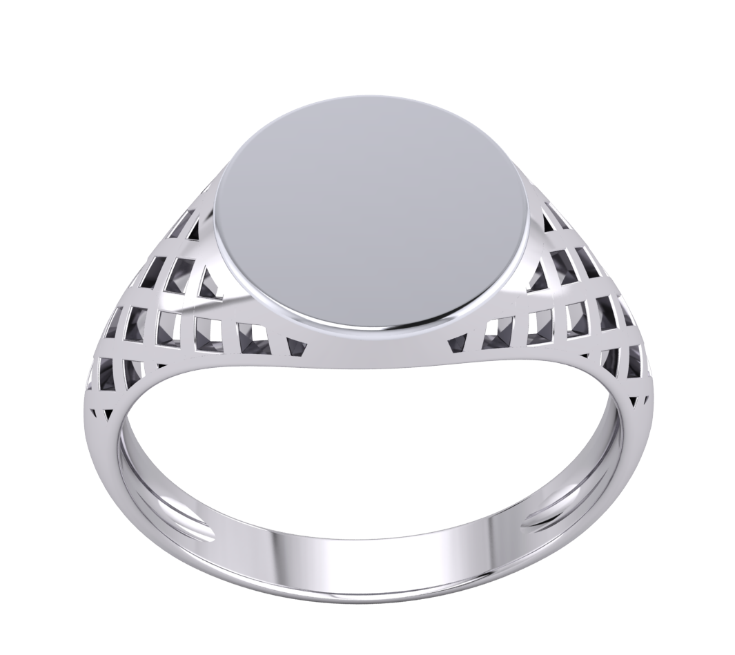 Gents Round Signet Ring Platinum Plated Solid Sterling Silver 925 Basket Sides