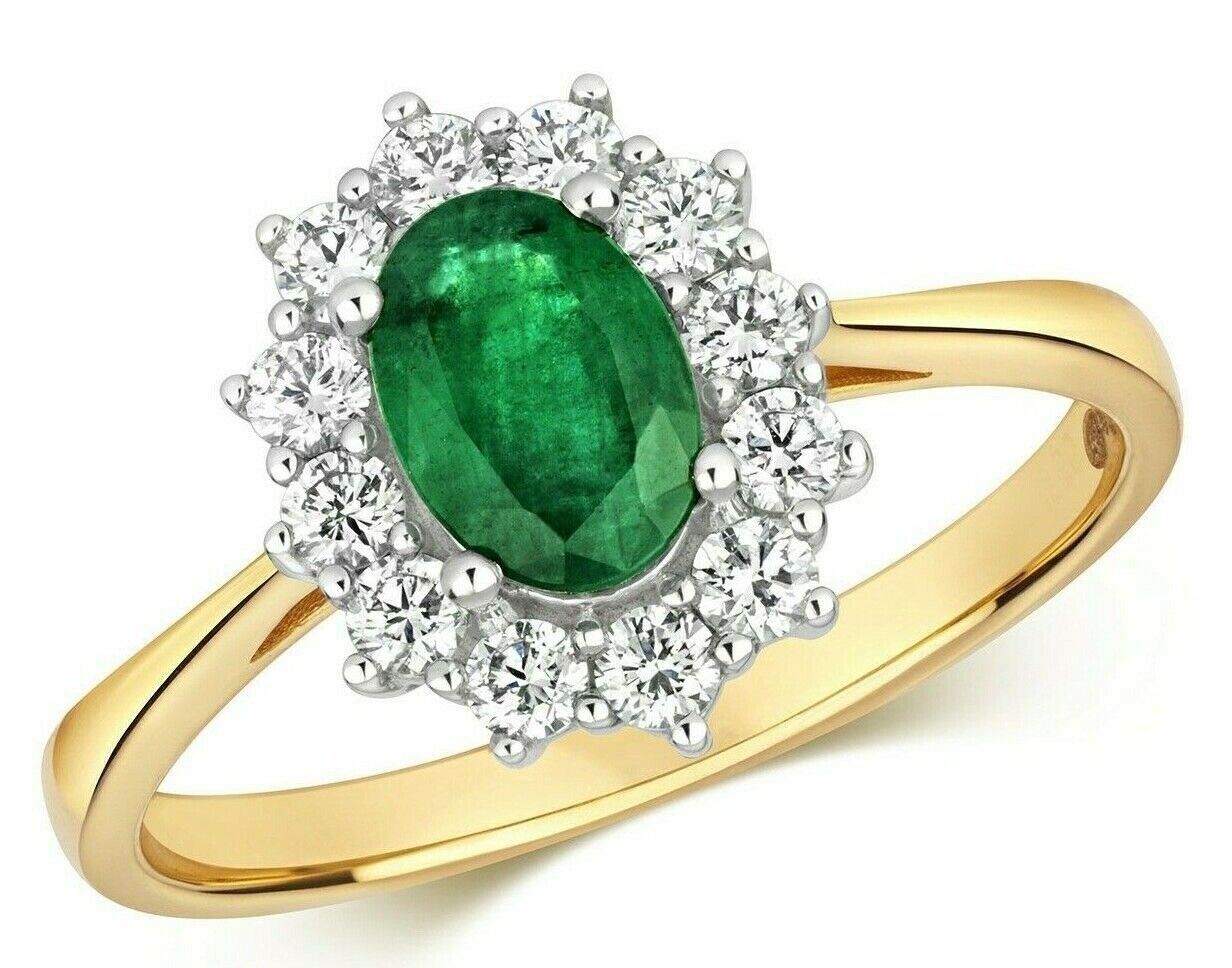 Real Emerald and Diamond Ring 18ct Yellow Gold Oval Cluster Size J - Q